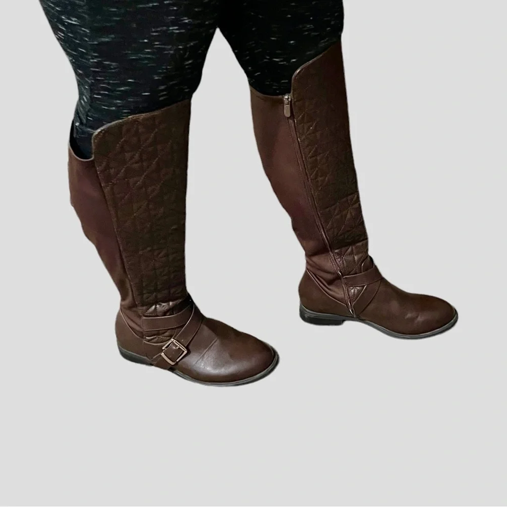 Torrid Brown Faux Leather Quilted Strappy Over Knee-High Boot Size 9W.